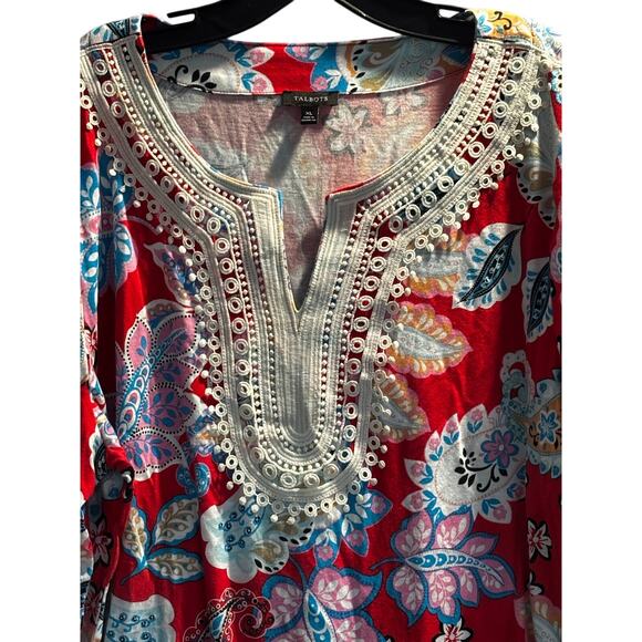 Talbots Red Paisley Tunic Top With Neckline Appliqué Details XL Boho Preppy - Picture 2 of 11